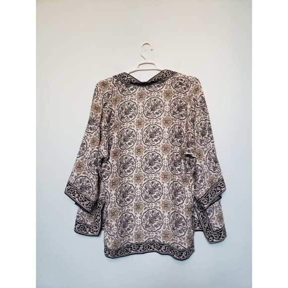 Max Studio Womens L Kimono Top Floral Boho Gray Yellow Open Front 3/4 Sleeve - Picture 2 of 6